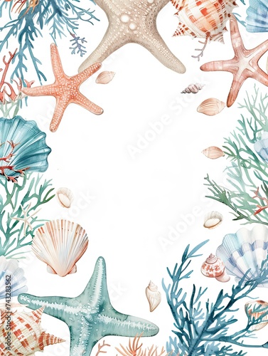 beach themed, starfish, shells, trees, beach items, book illustration style, watercolor, cute, pastel and light coral colors including blue, light blue, green, middle is white, edges and corners have 