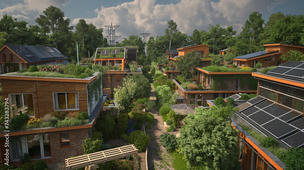 Eco-friendly housing community, with homes built from sustainable materials and powered by renewable energy. Eco-friendly housing community, with homes built from sustainable materials and powered by renewable energy.