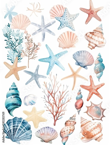 beach themed  starfish  shells  trees  beach items  book illustration style  watercolor  cute  pastel and light coral colors including blue  light blue  green  middle is white  edges and corners have 