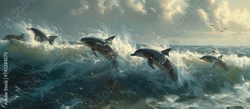 A dynamic scene of a group of dolphins swimming and playing in the oceans waves. The dolphins gracefully move through the water  their sleek bodies cutting through the blue ocean waves as they leap