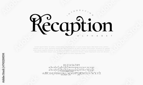 Recaption premium luxury romadhon alphabet letters and numbers. Elegant wedding typography islamic ramadan serif font decorative vintage retro. Creative vector illustration