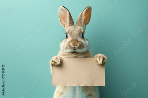 An adorable anthropomorphic gray Easter bunny holding a gray cardboard against a blue background, for writing messages, Happy Easter.copy space