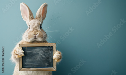 An adorable anthropomorphic gray Easter bunny holding a black chalkboard against a blue background, for writing messages, restaurant menu.empty frame. photo