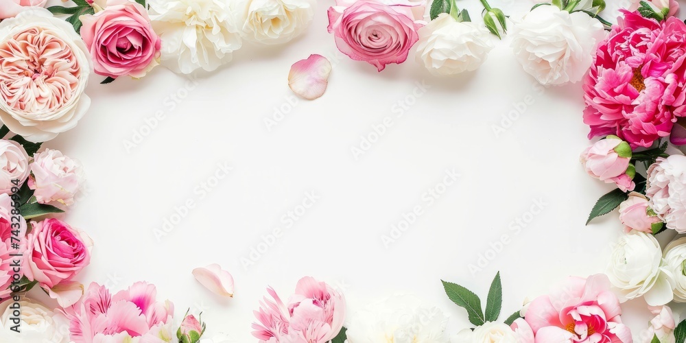 roses, peonies and ranunculuses frame on a pastel white background, celebration roses, peonies and ranunculuses frame on a pastel white background, celebration