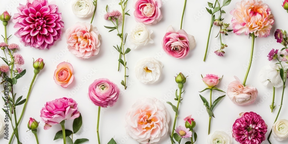 roses, peonies and ranunculuses frame on a pastel white background, celebration roses, peonies and ranunculuses frame on a pastel white background, celebration