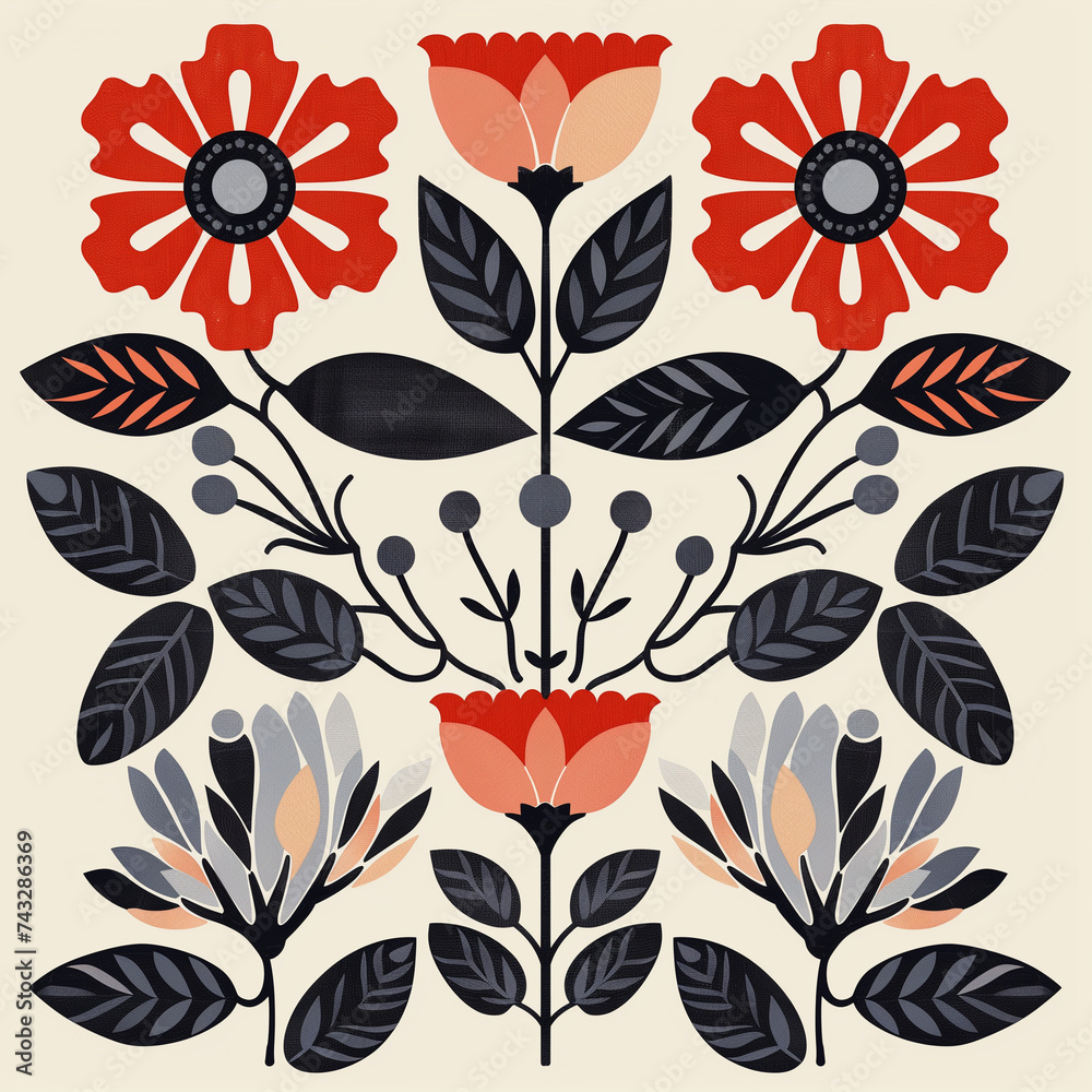 Floral Scandinavian Blue and Red Floral Pattern Vector Illustration