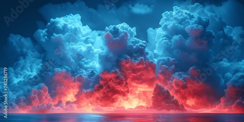Dramatic Apocalyptic Sky with Intense Red and Blue Clouds Reflecting on Ocean, Ideal for Concept Art and Creative Backgrounds photo