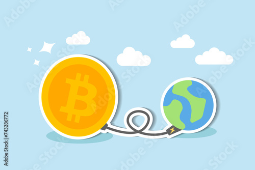 Cryptocurrency faces sustainability issue bitcoin and crypto mining consume non environmentally friendly energy concept, Big bitcoin with electric plug sucking energy from planet earth.