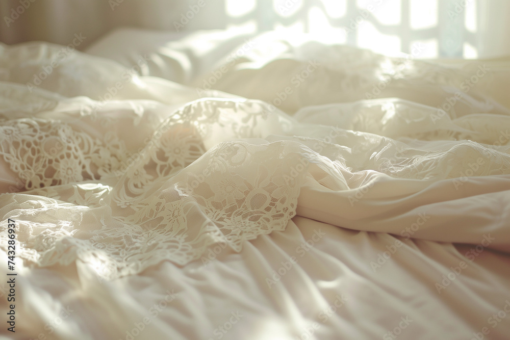 Soft-focus view of a bed with crumpled white sheets Soft-focus view of a bed with crumpled white sheets