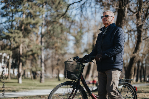 Mature man enjoying a moment of reflection next to his bicycle in a peaceful park setting, illustrating active senior lifestyle and leisure time outdoors.