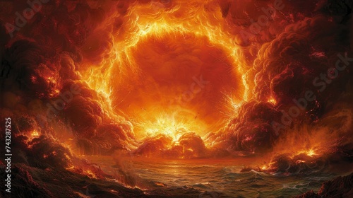 Apocalyptic Vision of a Fiery Circular Cloud Formation Over the Sea, Ideal for Concept Art, Sci-Fi Backgrounds, and Dramatic Wallpapers