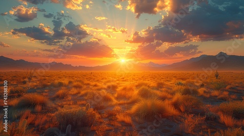 A fiery sunset over a desert horizon, with golden sunlight illuminating the clouds and grass in this stunning outdoor ecoregion landscape photo