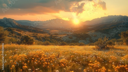 As the sun sets behind the majestic mountains, a vast field of vibrant flowers reaches towards the sky, painting a breathtaking outdoor landscape with a palette of vivid colors photo