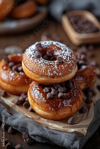 Indulge in the mouth-watering sweetness of a gluten-free doughnut, dusted with powdered sugar and dotted with chocolate chips, perfect for an indoor snack or as a treat from your favorite bakery © Lens Legacy