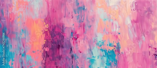 This artwork showcases a vibrant abstract oil painting with dominant pink and blue hues. The canvas is filled with textured brushstrokes and a blend of the two colors creating a dynamic visual impact.