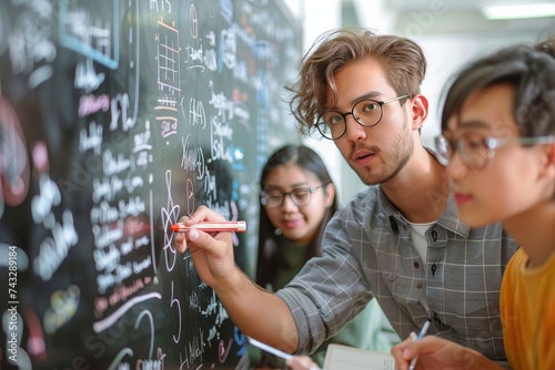 An eclectic group of young individuals, clad in various clothing and donning glasses, passionately inscribe their thoughts on a blackboard, their human faces reflecting intense concentration and arti photo
