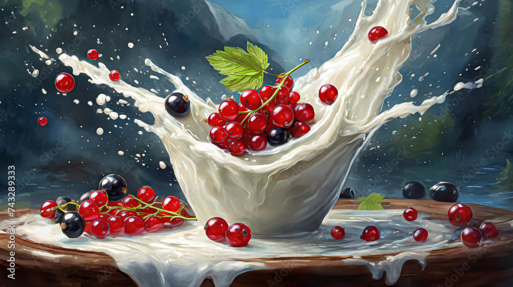 Słodki deser porzeczkowy, abstrakcyjne tło mleko i czerwone owoce. Eksplozja owoców - obrazy, fototapety, plakaty 