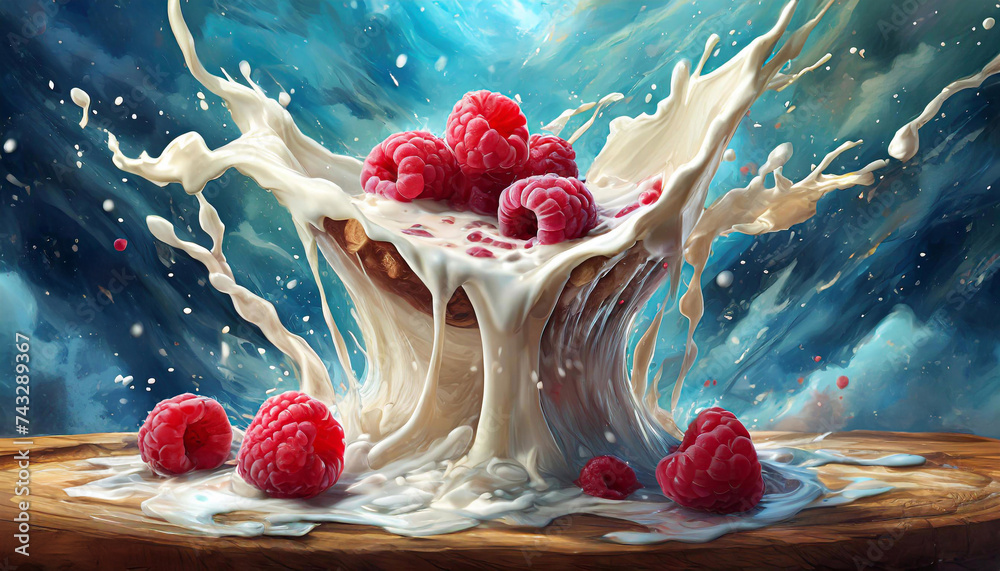 Słodki deser malinowy, abstrakcyjne tło mleko i czerwone owoce. Eksplozja owoców - obrazy, fototapety, plakaty 