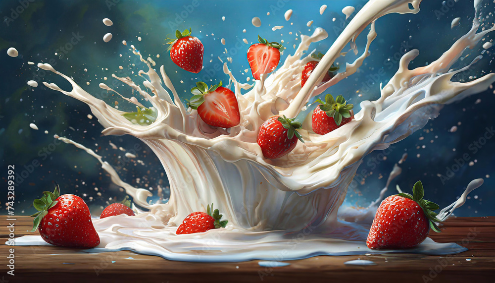 Deser truskawkowy, abstrakcyjne tło mleko i czerwone owoce. Eksplozja owoców - obrazy, fototapety, plakaty 