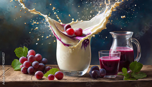 Napó jogurtowy , abstrakcyjne tło mleko i fioletowe owoce. Eksplozja owoców photo