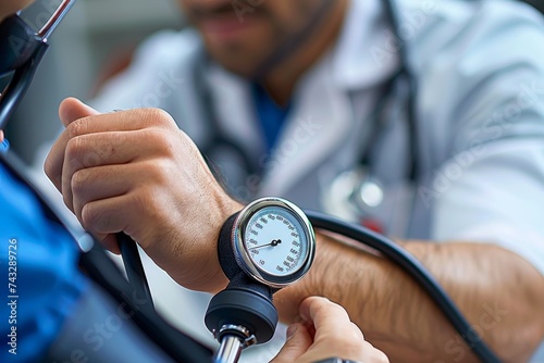 Amidst the rush of the outdoor clinic, a determined man in a white coat closely watches his patient's vital signs, his steady hand holding the ticking clock of life in the form of a blood pressure ga