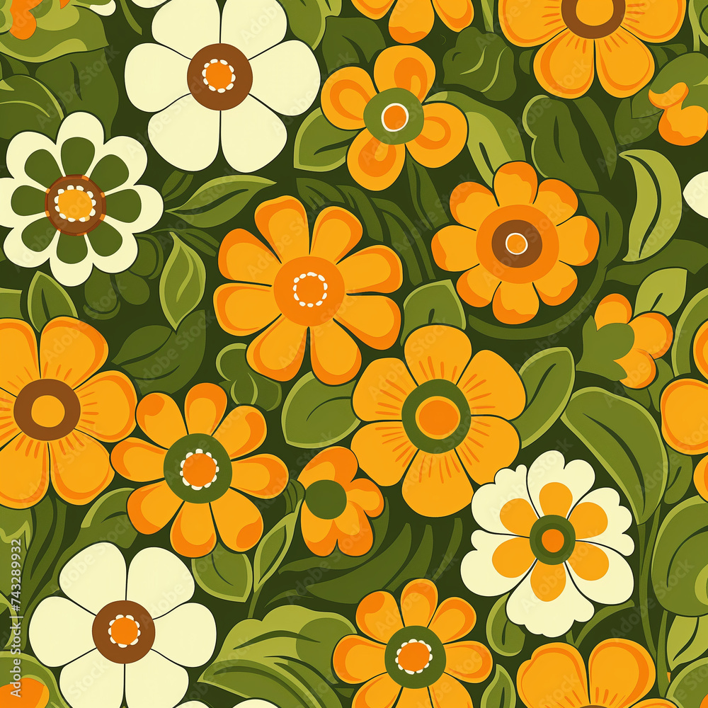 Retro Seamless Green and Orange Floral Pattern Retro Seamless Green and Orange Floral Pattern