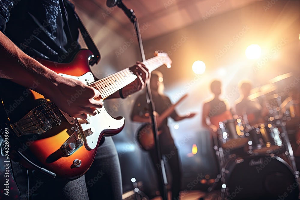 Obraz premium Guitarist playing electric guitar on stage during live music concert.