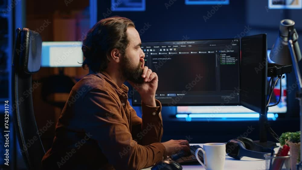 Programmer doing web development during remote job shift in neon lit home office, finishing coding project. IT specialist sitting at computer desk, working on desktop PC, camera A