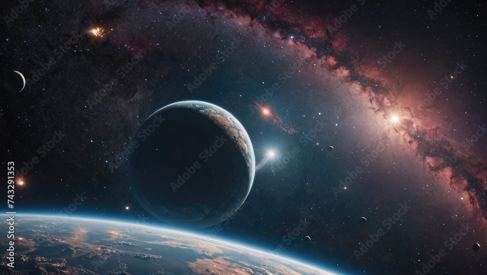 Obraz premium Surreal Alien World with Moons and Nebulas, Sci-Fi Fantasy Landscape, Generative AI