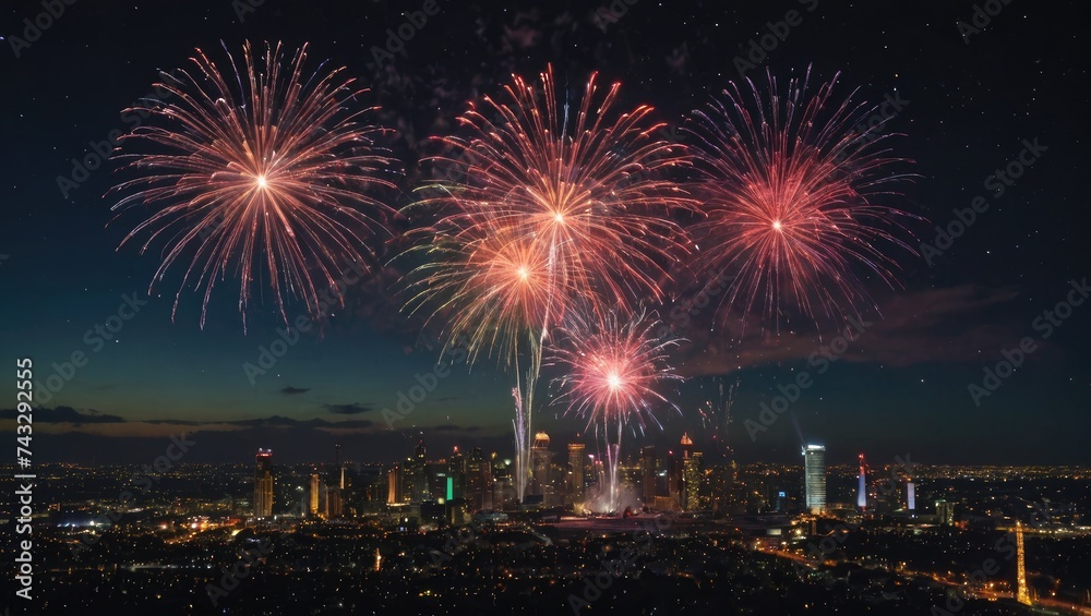 Mesmerizing Fireworks Display Over Lake, Celebratory Night Sky, Generative AI