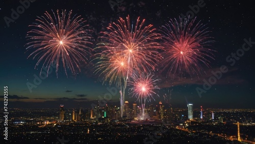 Mesmerizing Fireworks Display Over Lake, Celebratory Night Sky, Generative AI © Rick