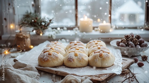 A scrumptious spread of freshly baked bread rolls, doughnuts, and pastries on a cozy indoor table, inviting us to indulge in the warm comfort of winter treats photo