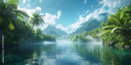 Exotic island lake with mist