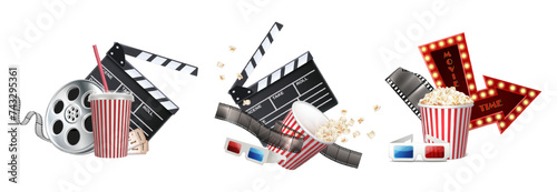 3d realistic vector icon set. Cinema concept. Movie time with popcorn, tape, 3d glasses, clapperboard. Isolated. 