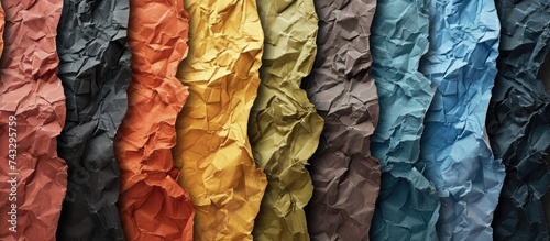 A variety of differently colored papers are hanging up, each displaying unique fonts and textures against a crumpled background.