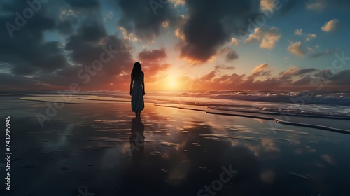 Woman silhouette on the beach at sunset, Generative AI illustrations. © jbstocks