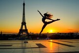 Gymnast jumping against the Eiffel Tower at dawn