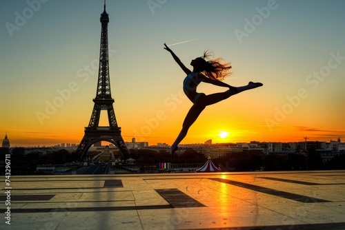 Gymnast jumping against the Eiffel Tower at dawn © InfiniteStudio