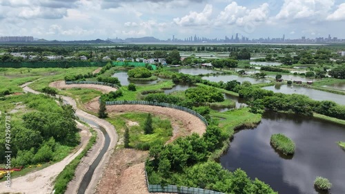 Marshes Nature Reserve wetland Countryside in New Territories Hong Kong Northern Metropolis Development, Drone Aerial Skyview of Fish Pond in Nam Sang Wai San Tin Ngau Tam Mei Mai Po Lok Ma Chau Yuen  photo