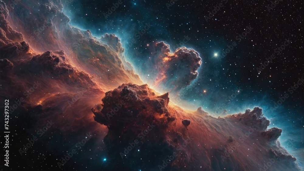 Interstellar nebulae forms of cosmic dust clouds, star birth regions deep space galaxy formations, Generative AI - obrazy, fototapety, plakaty 
