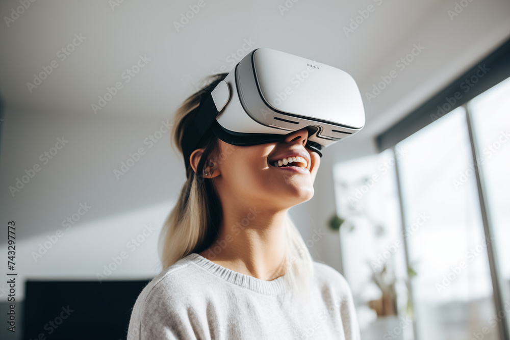 Young Caucasian woman using virtual reality VR set Young Caucasian woman using virtual reality VR set