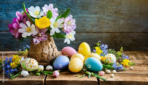 easter still life with eggs and flowers, Welcome the spirit of Easter wooden table background, perfectly set for springtime celebrations. Adorned with vibrant flowers and Easter. easter still life wit