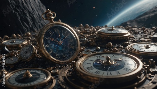 Timeless Universe, Antique Pocket Watches Against Cosmic Background, Space Time Travel Generative AI photo