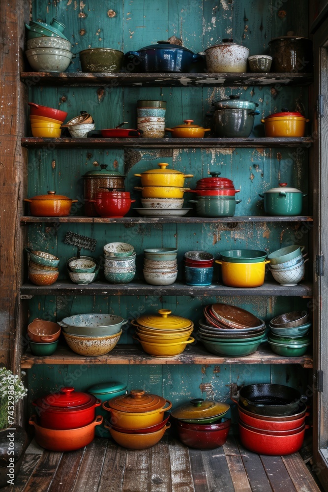 Pots and pans on rustic  kitchen shelves