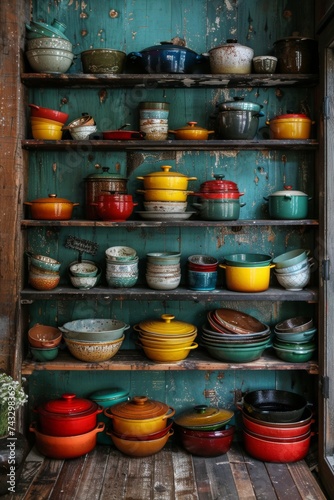 Pots and pans on rustic  kitchen shelves