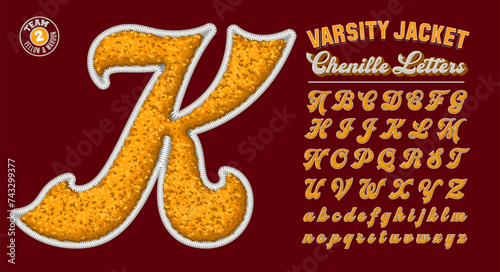 A collection of letters in the style of chenille fabric varsity letterman jacket patches, with a yellow on maroon color scheme.