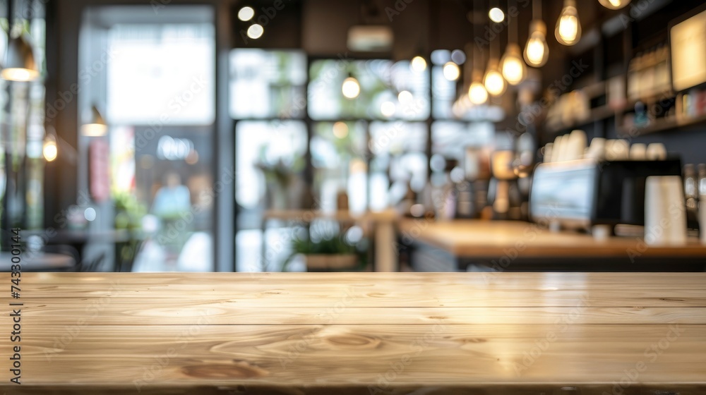 Empty beautiful wood table top counter and blur bokeh modern coffee interior background in clean and bright,Banner, Ready for product montage - generative ai