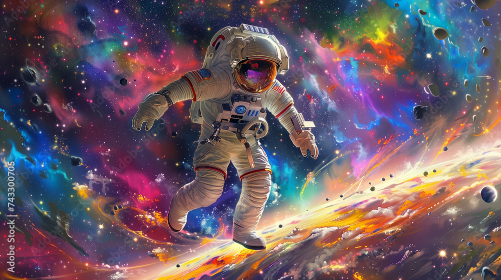 Astronaut floating in vivid swirling cosmic nebula of purples, blues and oranges amidst stars and planets, depicting surreal psychedelic outer space dreamscape - obrazy, fototapety, plakaty 