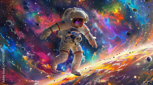 Astronaut floating in vivid swirling cosmic nebula of purples, blues and oranges amidst stars and planets, depicting surreal psychedelic outer space dreamscape © Thumbs