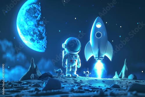 3d cartoon of astronaut and rocket with moon. Generative AI. photo